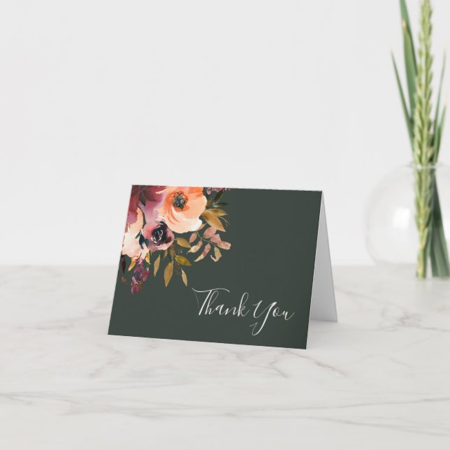 Burgundy Orange Floral | Green Thank You Card (Front)