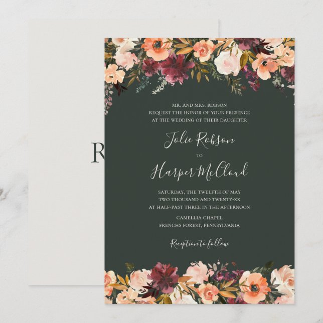 Burgundy Orange Floral | Green Traditional Wedding Invitation (Front/Back)