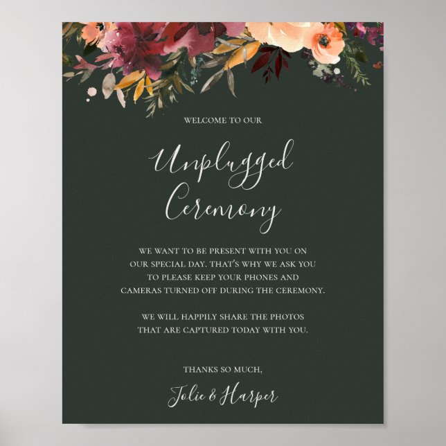 Burgundy Orange Floral | Green Unplugged Ceremony Poster (Front)