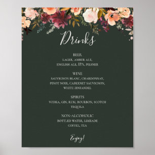 Burgundy Orange Floral Green Wedding Drinks Menu Poster