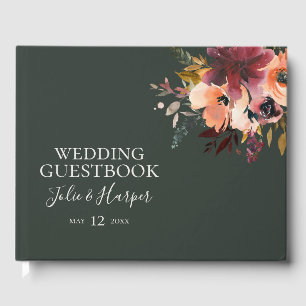 Burgundy Orange Floral Green Wedding Guest Book