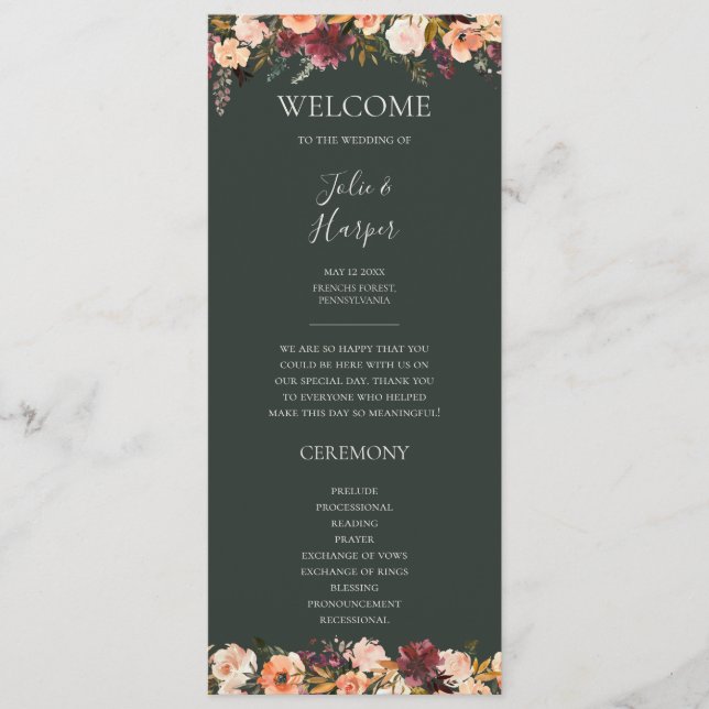 Burgundy Orange Floral | Green Wedding Program (Front)