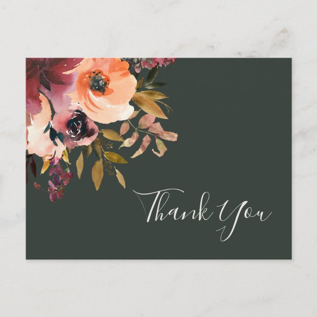 Burgundy Orange Floral | Green Wedding Thank You Postcard (Front)