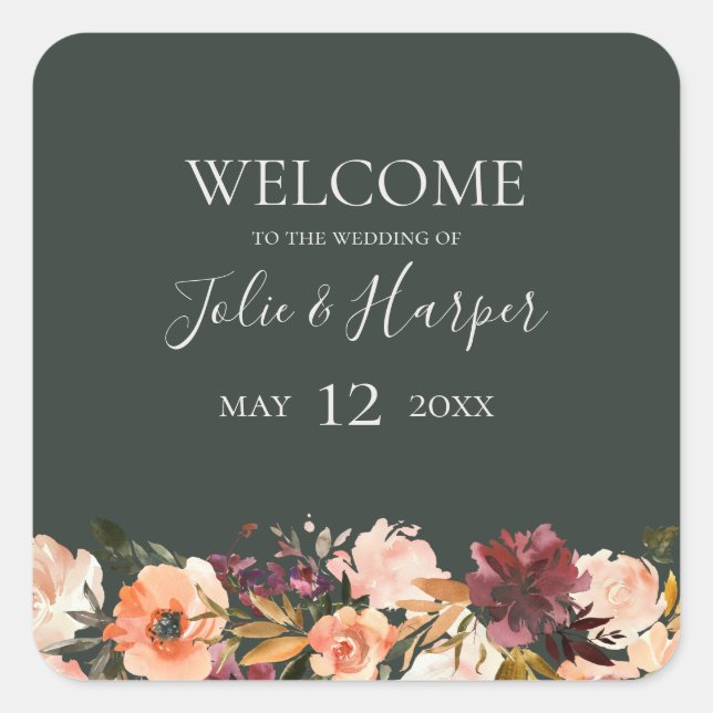 Burgundy Orange Floral | Green Wedding Welcome Square Sticker (Front)