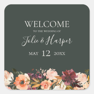 Burgundy Orange Floral   Green Wedding Welcome Square Sticker