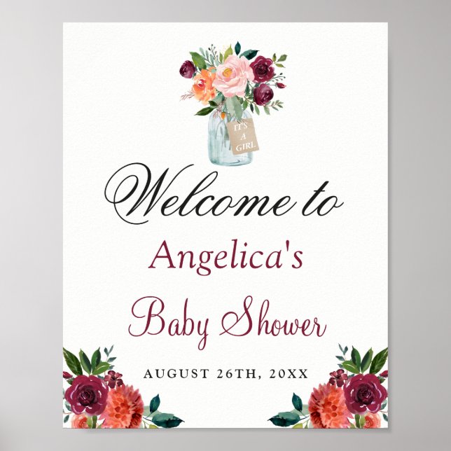 Burgundy Orange floral Mason Jar Baby Shower Sign (Front)
