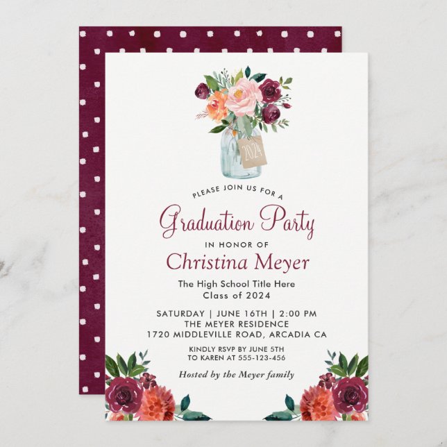 Burgundy Orange Floral Mason Jar Graduation Party Invitation (Front/Back)
