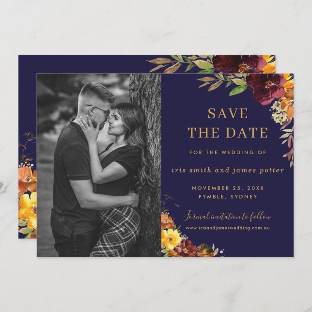 Burgundy Orange Floral Photo Save the Date Card (Front/Back)