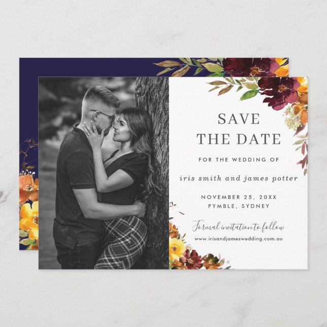 Burgundy Orange Floral Photo Save the Date Card (Front/Back)