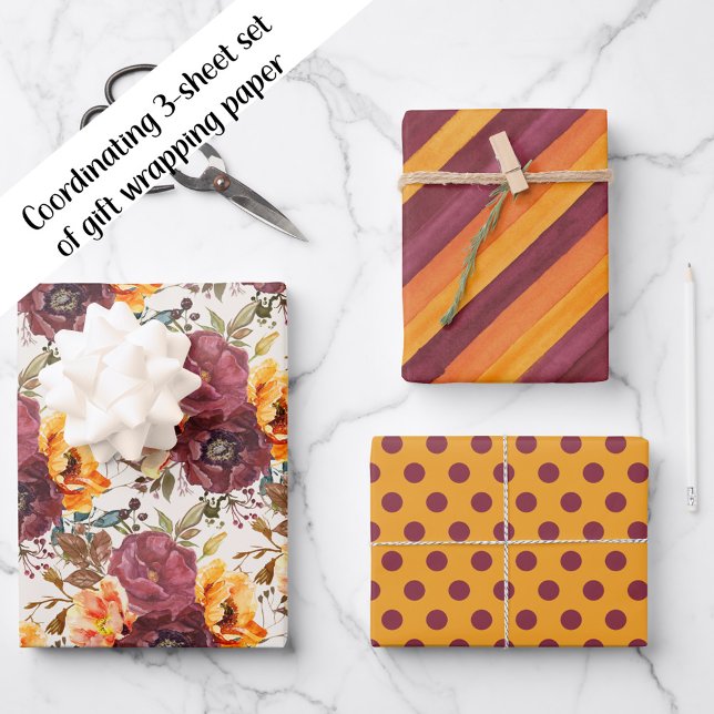 Burgundy Orange Floral Striped Polka Dots Wrapping Paper Sheet (Orange and burgundy floral, striped, and polka dot 3-sheet set of coordinating wrapping paper)