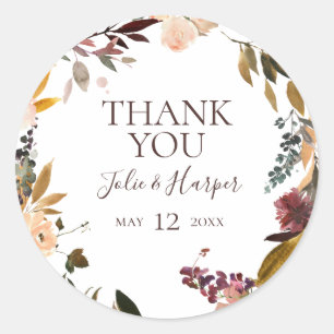 Burgundy Orange Floral Thank You Wedding Favour Classic Round Sticker