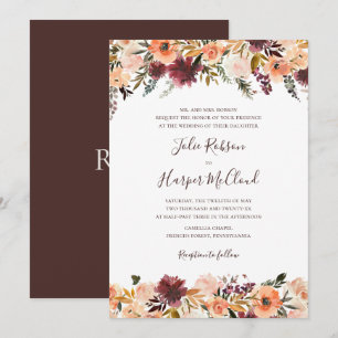 Burgundy Orange Floral Traditional Wedding Invitation