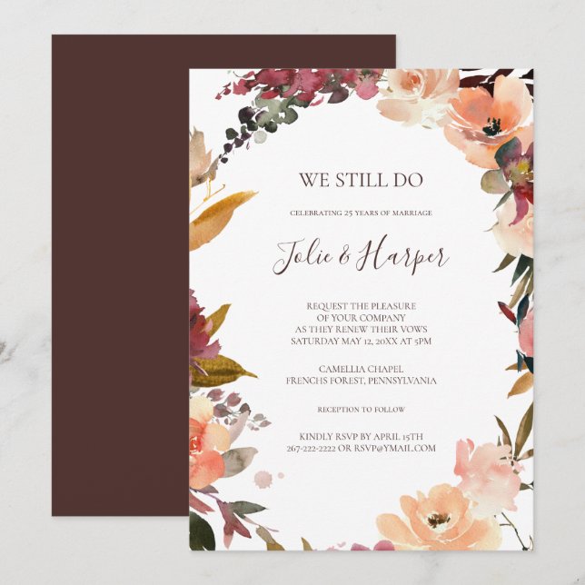 Burgundy Orange Floral We Still Do Vow Renewal Invitation (Front/Back)