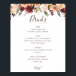 Burgundy Orange Floral Wedding Drinks Menu Sign<br><div class="desc">This burgundy orange floral wedding drinks menu sign is perfect for your rustic boho blush, dark green, and gold garden wedding. Design features a wreath or bouquet of minimalist watercolor peach, dusty rose, purple, and light pink florals along with copper, evergreen, yellow, and rust-coloured greenery. The flowers in this design...</div>