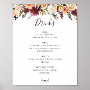 Burgundy Orange Floral Wedding Drinks Menu Sign