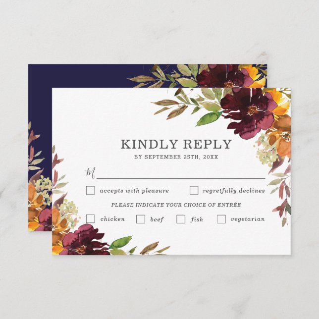 Burgundy Orange Floral Wedding Meal Choice RSVP (Front/Back)