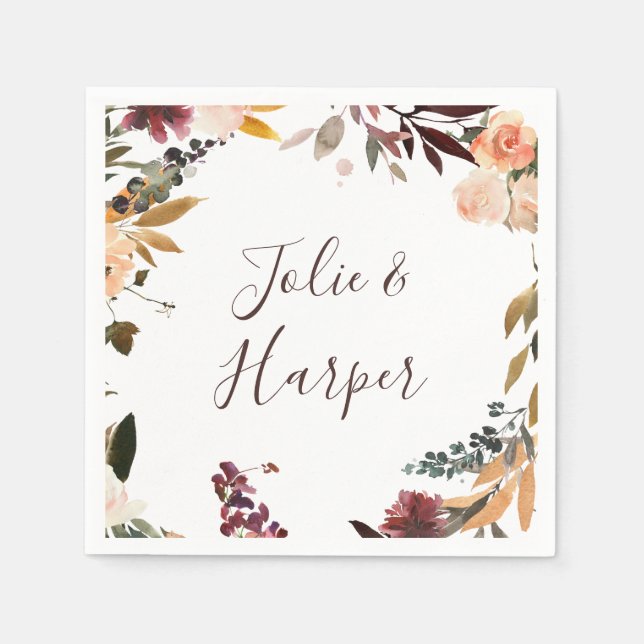 Burgundy Orange Floral Wedding Napkins (Front)