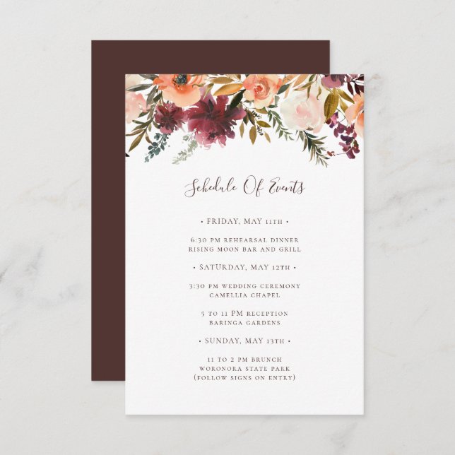 Burgundy Orange Floral Wedding Schedule of Events Enclosure Card (Front/Back)