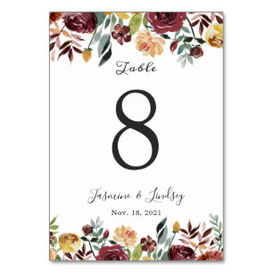 Burgundy Orange Floral Wedding Table Number Card