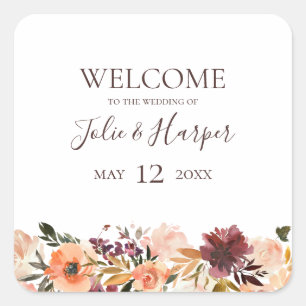 Burgundy Orange Floral Wedding Welcome Square Sticker