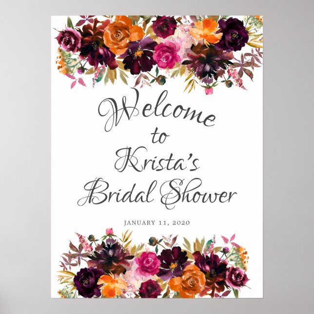 Burgundy & Orange Floral Welcome Bridal Shower Poster (Front)