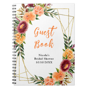 Burgundy Orange Flowers Bridal Shower Guest Book