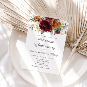 Burgundy Orange Ivory Floral Wedding Anniversary Invitation
