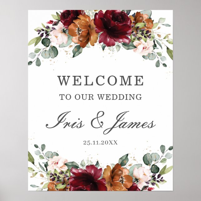 Burgundy Orange Ivory Floral Wedding Welcome Sign (Front)