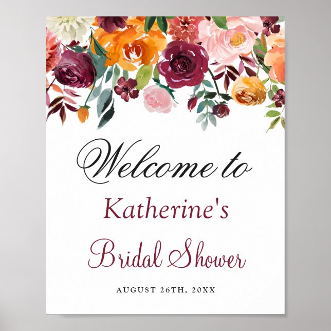 Burgundy Orange Pink Floral Bridal Shower Sign (Front)