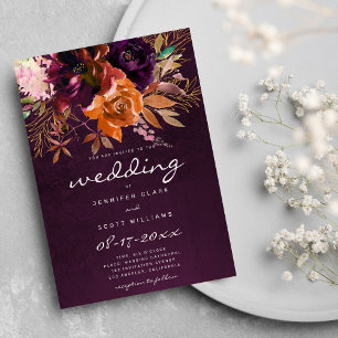 Burgundy orange pink gold floral fall wedding invitation