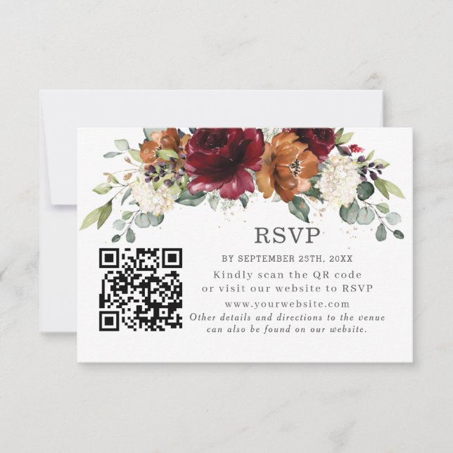 Burgundy Orange Rust Floral Wedding RSVP QR Code Card (Front)
