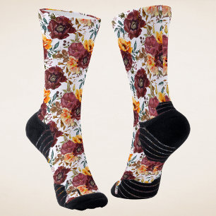 Burgundy Orange Rustic Autumn Floral Wedding Socks