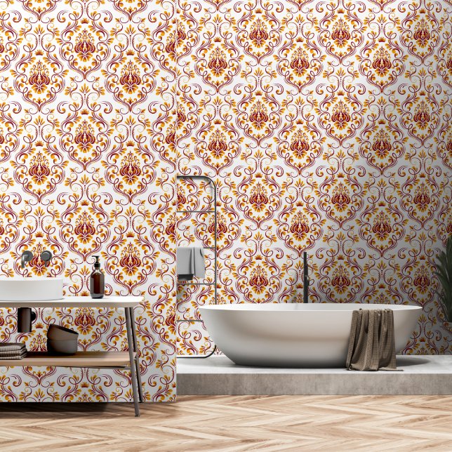Burgundy Orange White Damask Floral peel and stick Wallpaper (Bathroom)