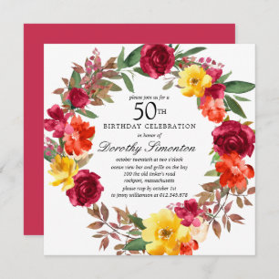Burgundy Orange Yellow Floral 50th Birthday Invitation