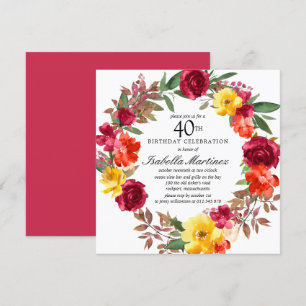 Burgundy Orange Yellow Floral Wreath 40th Birthday Invitation