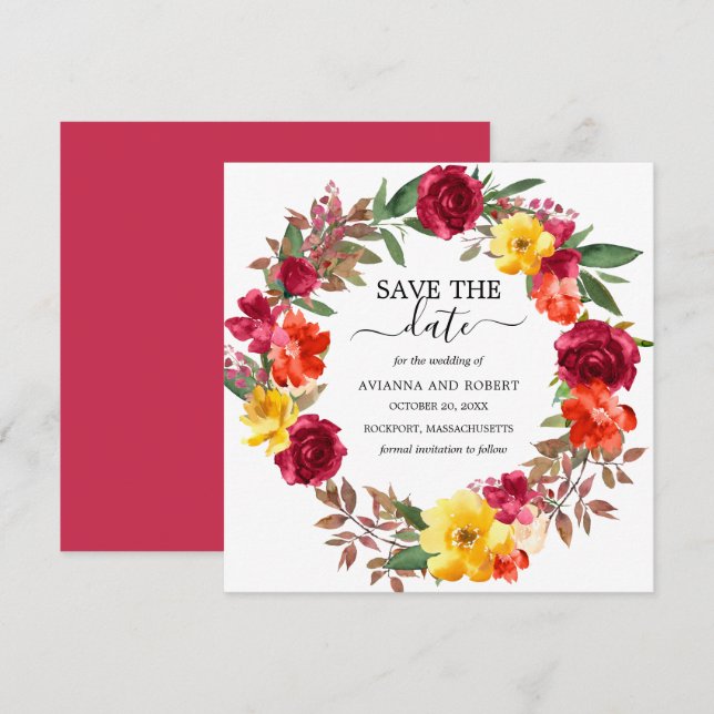 Burgundy Orange Yellow Floral Wreath Save The Date (Front/Back)