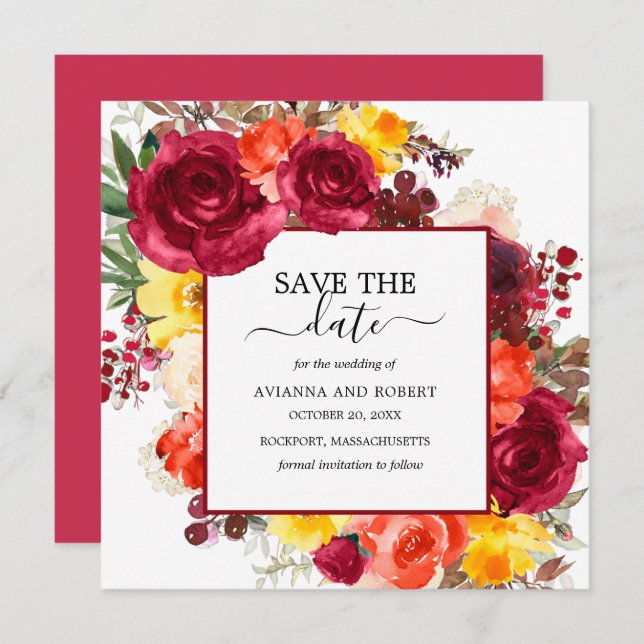 Burgundy Orange Yellow Pink Floral Save The Date (Front/Back)