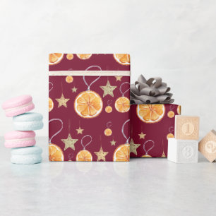 Burgundy Oranges and Stars On Winter White Wrapping Paper
