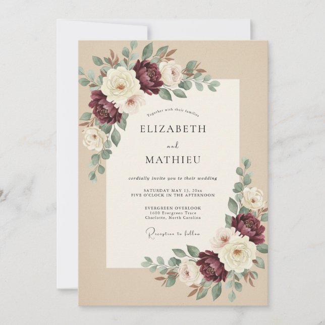 Burgundy Ornate Rustic Wedding Invitation (Front)