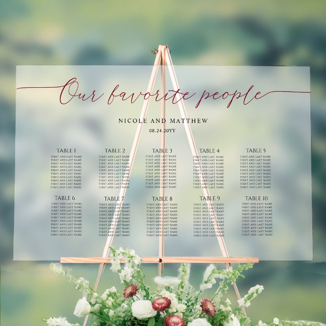 Burgundy Our Favourite People Seating Plan Frosted Acrylic Sign (Creator Uploaded)