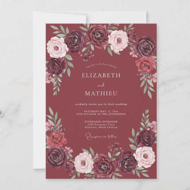 Burgundy Painterly Blossom Romance Wedding Invitation (Front)