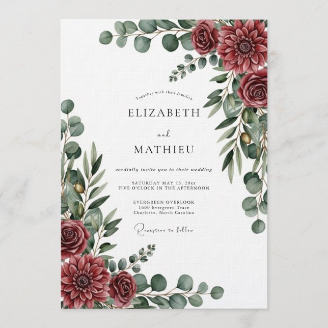 Burgundy Painterly Botanical Wedding Invitation (Front)