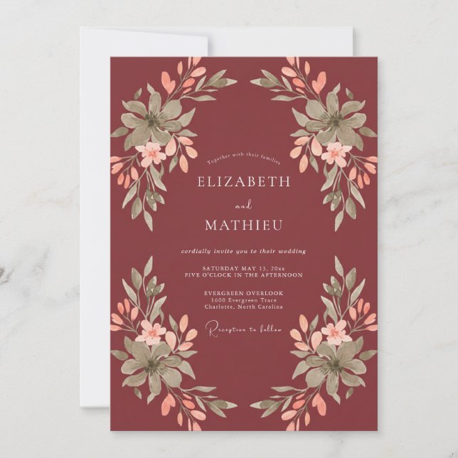 Burgundy Painterly Bouquet Wedding Invitation (Front)