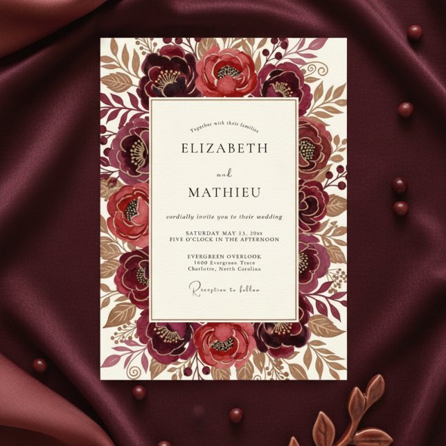 Burgundy Painterly Flora Wedding Invitation (Creator Uploaded)