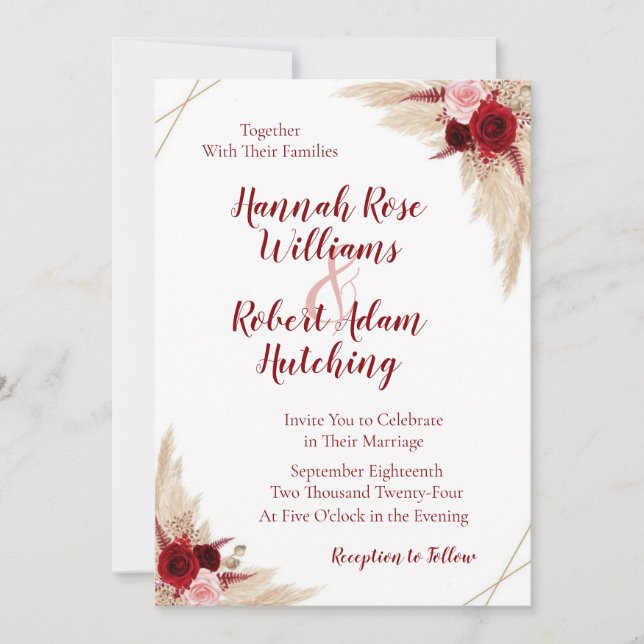 Burgundy Pampas Grass Wedding Invitation (Front)
