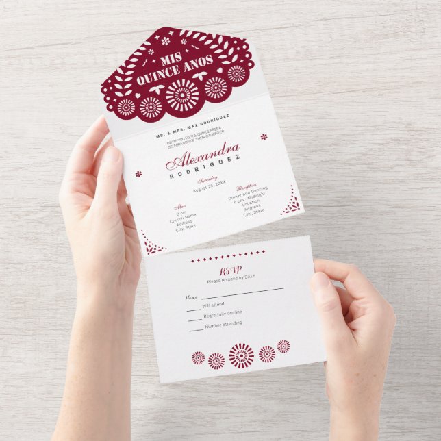 Burgundy Papel Picado Mis Quince Años All In One Invitation (Tearaway)