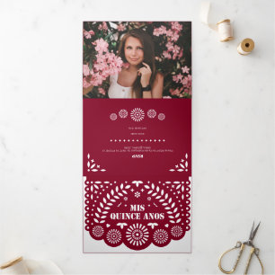 Burgundy Papel Picado Mis Quince Años Tri-Fold Invitation