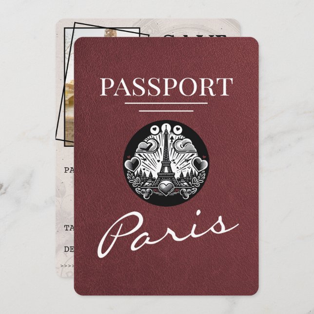 Burgundy Paris Passport Save The Date (Front/Back)