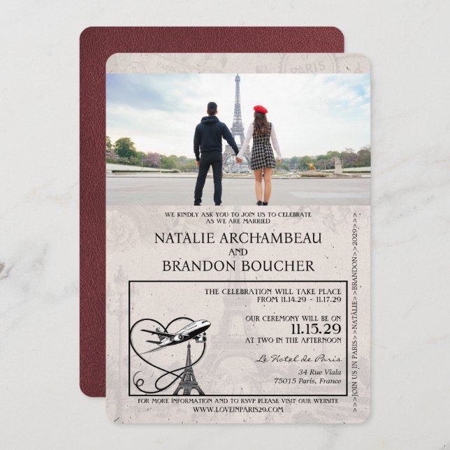 Burgundy Paris Passport Wedding Invitation (Front/Back)