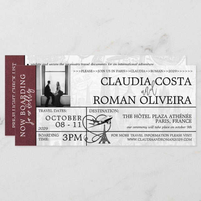 Burgundy Paris Wedding Boarding Pass Invitation (Front/Back)
